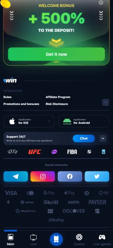 1win app bonus